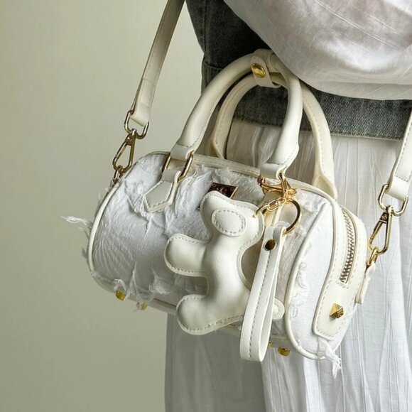 TAMATHA White Denim-Style Boston Handbag Crossbody Bag - Picture 1 of 7